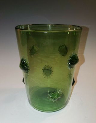 Green Art Glass Beaker,  Ice Pail Bucket Or Vase With Applied Prunts Rough Pontil
