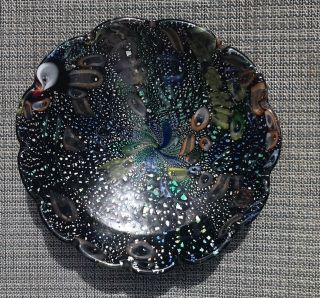 Vtg Murano Black Amethyst Art Glass Round Silver Fleck Murrine Cane Bowl Ashtray