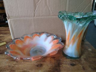 Vtg Hand Blown Art Glass Vase,  Bowl - White Orange Swirl Clear