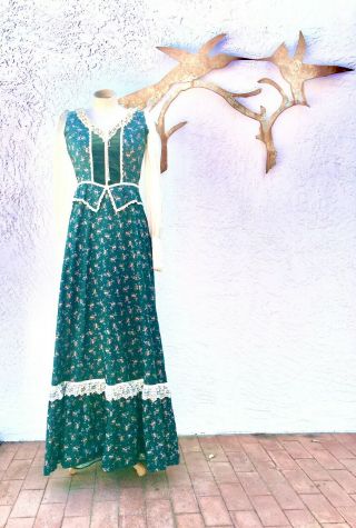 Vtg 70s Gunne Sax Floral Green Velvet Calico Corset Lace Prairie Cottage Dress S
