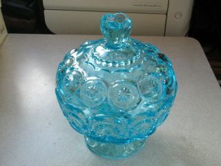 Vintage Le Smith Moon And Stars Aqua Blue Glass Candy Dish With Lid Gorgeous