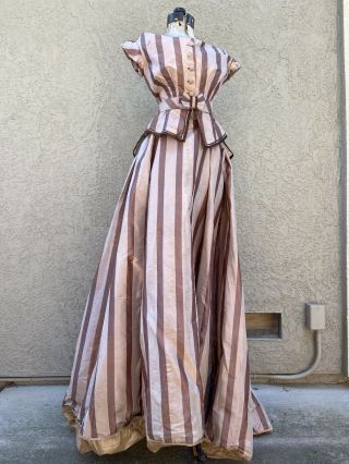Antique Victorian Dress 1860s Silk Striped Rare Evening Gown 1800s Bodice Skirt