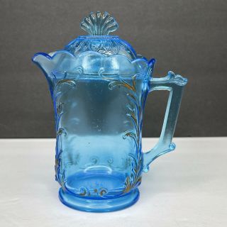 Vintage Blue Depression Glass Pitcher With Gold Floral Accents