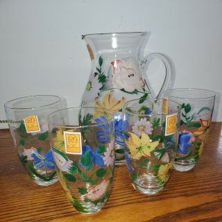 Set Of 4 Royal Danube Hand Painted Colorful Flower Glasses 5 " And Pitcher.  Nib