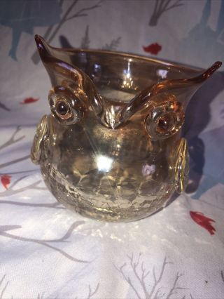 Vintage Murano Art Glass Owl Bird Vase Iridescent Crackle Hand Blown