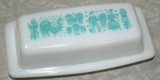 Vintage Pyrex Glass Amish Butter Print Butter Dish With Lid Turkey Turquoise