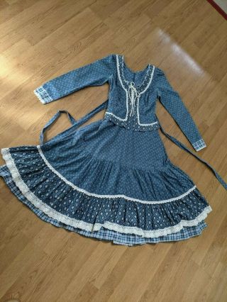 Vtg Gunne Sax Dress Midi Cottagecore Corset Calico Peplum Blue Lace Up Prairie 9