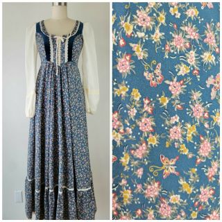 Gunne Sax Butterfly Print Corset Bodice Maxi Dress,  Prairie Dress Xs Size 5