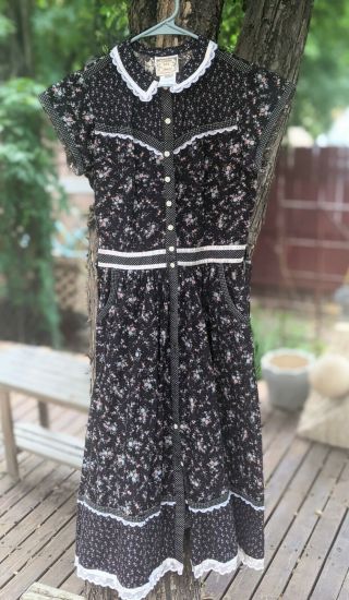 Vintage 1970s Black Calico Floral Midi Dress Gunne Sax Prairie Dress Sz 9