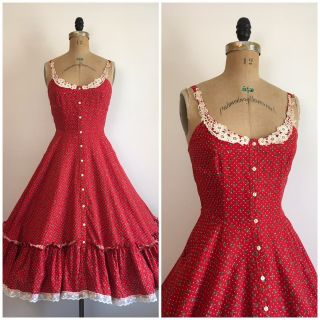 Gunne Sax Vintage Red Floral Lace Prairie Sundress Dress Size 9 Cottagecore