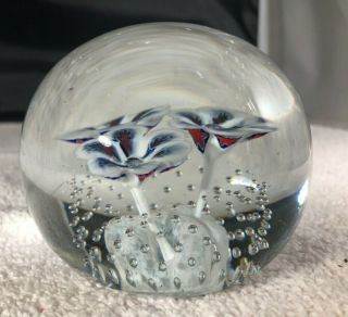 Wheaton Village Art Glass Paperweight,  Signed Hd Or Nd,  3 Red/white/blue Fowers