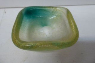 Small Vintage Murano Mid Century Green Art Glass Bowl Gold Flake Inclusions