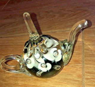 Joe St Claire Flowers Paper Weight Ring Holder Tea Pot Clear & White Color Glass