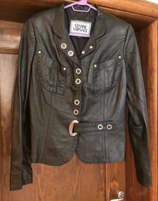 Vintage Gianni Versace Black Leather Jacket Pockets And Belt Women Size L