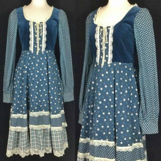 Vtg 70s Gunne Sax Velvet Corset Calico Prairie Cottage Core Pocket Midi Dress