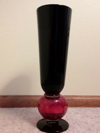 Hand Blown Art Glass Vase Red Black Clear 14.  5 Inches