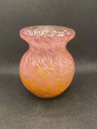 Hand Blown Art Glass Pink And Orange Swirl Vase