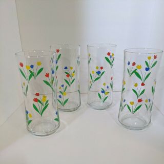 4 Vintage Libbey Red Blue Yellow Tulip Glasses Tumblers 6.  5 " Tall