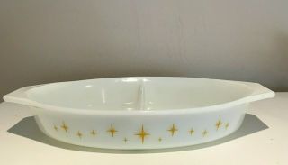 Vintage Pyrex Constellation Atomic Starburst Yellow Gold Divided Casserole Dish