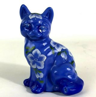 Fenton Art Glass Periwinkle Blue Hand Painted Cat Sitting Signed J Peyton Flaw