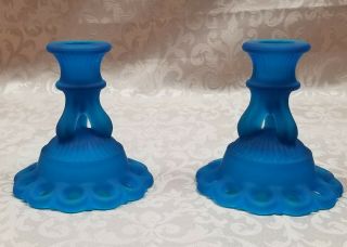 Vintage Westmoreland Glass " Doric " Blue Mist Satin Glass Candle Holders