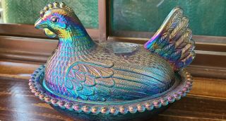 Vintage Carnival Glass Chicken Hen On Nest Dish Blues/greens/purples/pink.