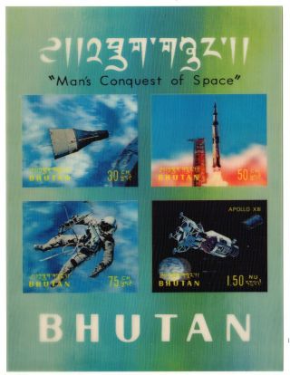 3d Bhutan Scott 118m - O,  (3) Souvenir Sheets Space Topical Mnh 1970