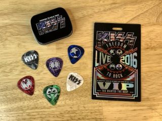 Kiss Freedom To Rock Tour Vip Badge,  6 Guitar Picks,  & Collector’s Tin 2016