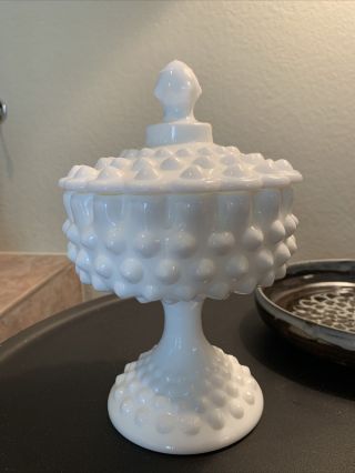Fenton Hobnail Milk Glass Round Pedestal Candy Dish With Lid