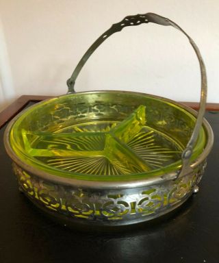 Vintage Yellow Vaseline Glass Divided Relish Dish With Metal Serving Holder