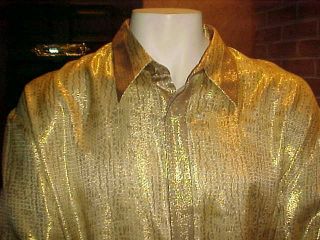 Vintage Men Joey Richi Label Gold Metallic Silk Shirt Xlarge - Xxlarge Runs B
