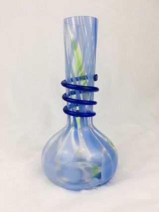 Vintage Blue & Green Opaque Hand Blown Art Glass Bud Vase 8.  5” Tall Swirled Neck