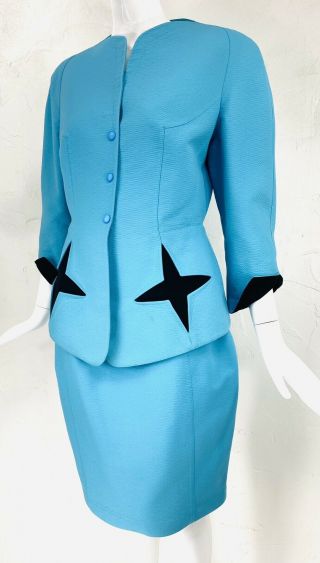 Vintage Iconic Thierry Mugler Star Blue Black Structured Skirt Blazer Suit 44