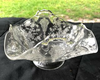 Cambridge Glass Rose Point Clear Handkerchief Style Basket W/2 Handles Etched