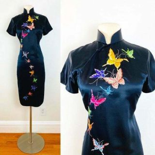 On Hold / 1950s Black Silk Hand Embroidered Butterfly Cheongsam Qipao Dress