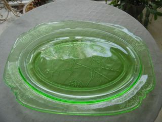 Vintage Federal Green Parrot Sylvan Depression Glass 11 1/4 " Oval Platter 1932