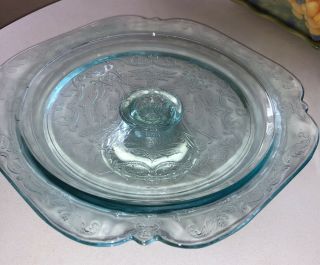 Vintage Teal Aqua Madrid Recollection Indiana Glass Pedestal Cake Plate Stand