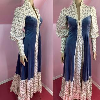 Vintage 1970 Prairie Gunne Sax Cotton Velvet Floral Boho Maxi Dress.  Cottagecore