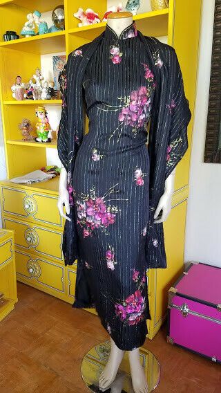 Vtg 50s 60s Silk Painted Floral Cheongsam Asian Bombshell Qipao Dress W/ Shawl M