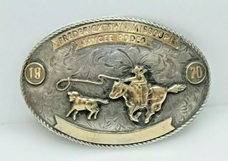 Nelson Silvia Co Sterling Silver & 10k Gold Steer Riding Rodeo Trophy Buckle