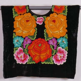 Vintage Mexican Hand Embroidered Floral Poncho Blouse Shirt Velvet Woman Medium