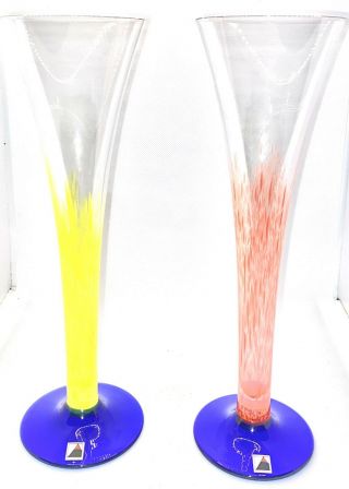 Vintage Pair Hand Blown Czechoslovakia Glass Champagne Flutes Signed W/stickers