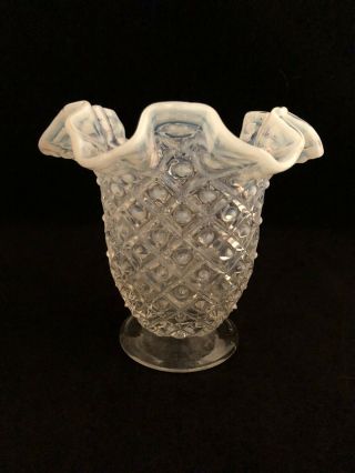 Vintage Art Glass Opalescent Moonstone Ruffled Hobnail Pedestal Vase 5.  5 "