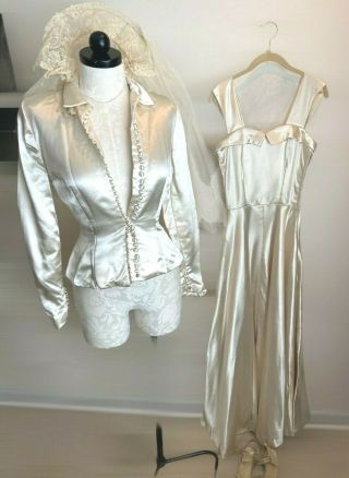 Stunning Vintage 1940s Ivory Satin Lined Wedding Gown W/ Jacket Veil And Shoes