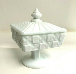 Vintage Milk Glass Square Footed Candy Dish With Lid 7 " Tall 5 " Wide