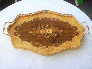 Vintage Tray Italian Floral Inlaid Wood Serving Vanity Tray With Brass Gallery