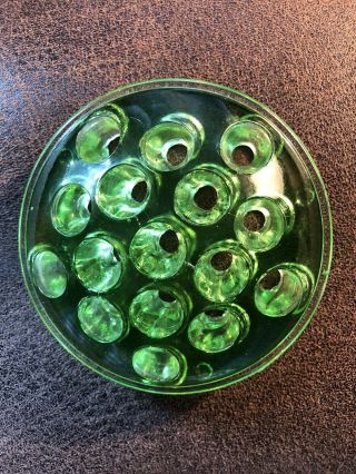 Vintage Green Vaseline/uranium Glass Flower Frog.  - 4 " Diameter 16 Hole Glows