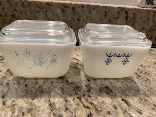 Vintage Pyrex Snowflake Blue Garland Refrigerator Dish And Lid 501 - B And 501 - C