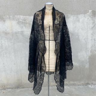 Antique Victorian Black Chantilly Lace Shawl Coat Wrap Flounce Ruffle Vintage