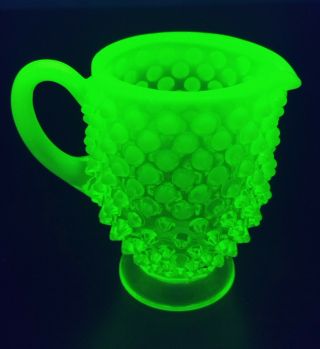 Fenton Green Vaseline Opalescent Hobnail Art Glass Individual Pitcher Creamer
